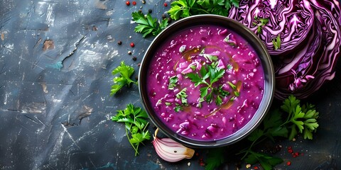 Canvas Print - Fresh Red Cabbage Soup in Bowl with Overhead Shot. Concept Food Photography, Soup Styling, Fresh Ingredients, Overhead Shots