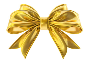 Wall Mural - Elegant golden ribbon bow isolated on white background. Perfect decoration for gifts, presents, and festive occasions.