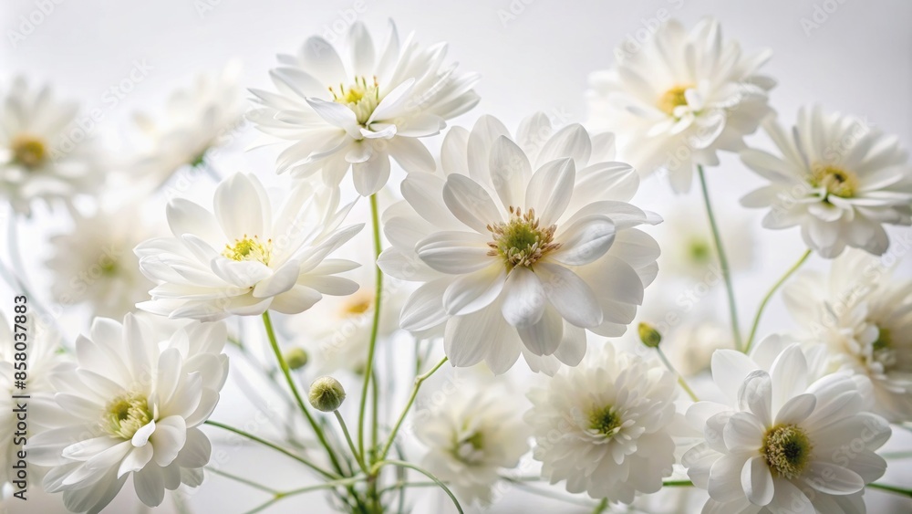Delicate white flowers arranged artfully on a pure white background ...