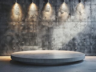 Circular concrete pedestal positioned against a textured industrial wall with spotlight illumination. The scene features a modern, rugged aesthetic, perfect for product displays or presentations