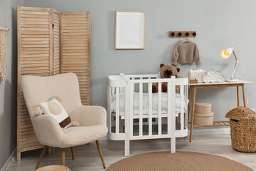 Wall Mural - Newborn baby room interior with stylish furniture and comfortable crib