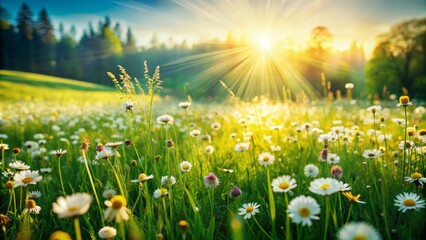 Sun-drenched green field with scattered flowers, slight blur effect, conveying sense of freedom and joy, evoking feelings of happiness and carefree summer days.