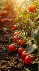 Wall Mural - Cherry tomatoes thrive on a plantation, their vibrant red fruits ripening on lush green vines, promising a bountiful and flavorful harvest