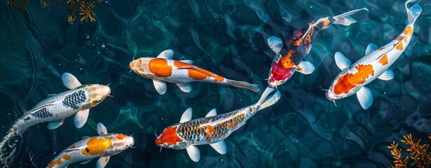 Koi fishes swimming in a koi fish pond, scenic view, peaceful state, created with AI