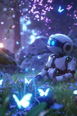 Wall Mural - A cute little robot is sitting on the grass, with glowing butterflies flying in front. The sky above them glows purple and blue