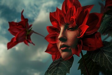 Wall Mural - Beauty in bloom woman's face surrounded by red flower, leaves, and clouds in background