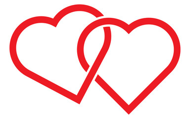 Twins heart shape together in red color isolated element. Two hearts linked icon.