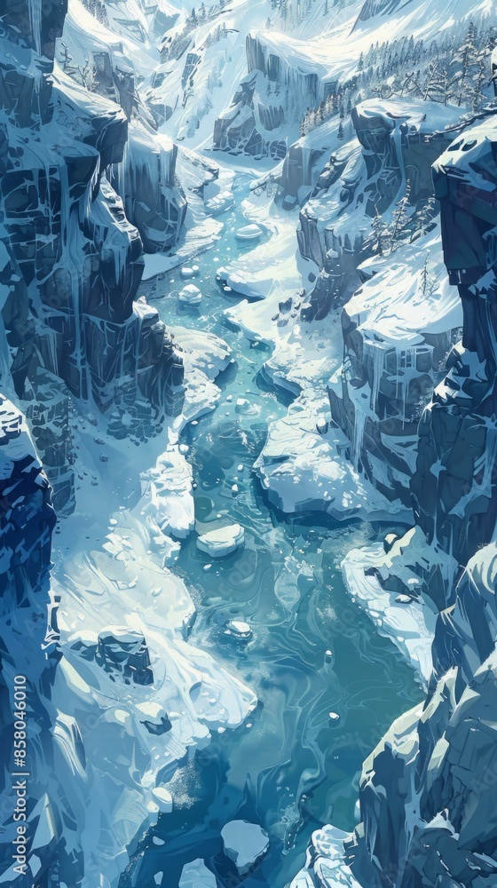 An aerial view shows a frozen river adorned with cracked ice patterns ...