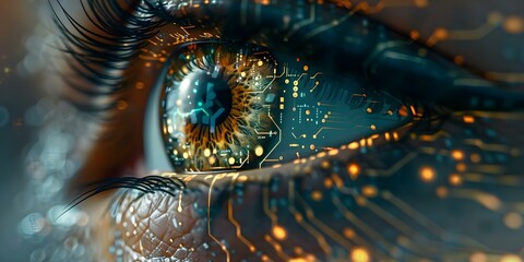 Wall Mural - Close-Up of Eye with Digital Circuitry Overlay. Concept Close-Up Photography, Eye Details, Digital Circuitry, Overlay Effects