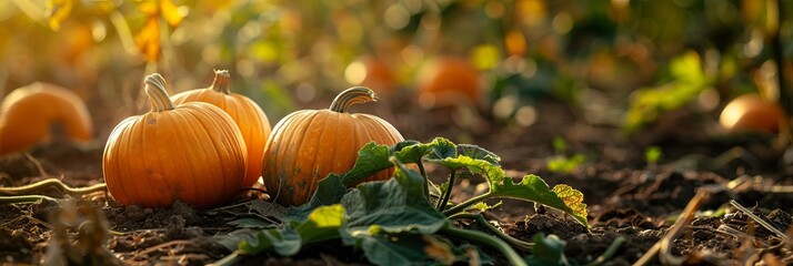 Wall Mural - Large pumpkins grow abundantly on a plantation, their bright orange skins gleaming among the green vines, ready for harvest and autumn celebrations, banner