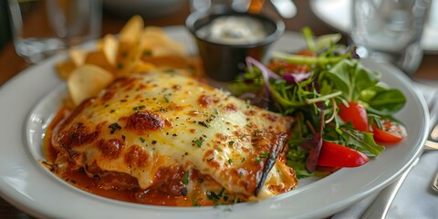 Wall Mural - Digital Art of Chicken Parmigiana with Melted Cheese Chips Salad on White Plate. Concept Food Illustration, Digital Art, Chicken Parmigiana, Melted Cheese, Chips Salad, White Plate