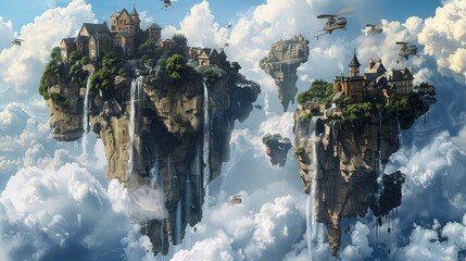Poster - A mystical island floating in the sky, reachable only by airships or flying creatures, with houses carved into the sides of floating rocks and waterfalls that pour into the clouds.