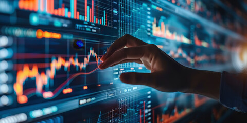 Wall Mural - a hand interacts with an illuminated digital screen displaying complex financial graphs and stock ma