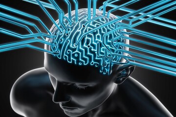 The image is of a black and blue illustration of a human brain with a circuit board pattern on the surface and blue lines extending out from it.

