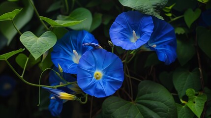 dark blue flowers of morning glories