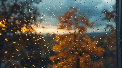 Wall Mural - Drops of rain on the window blurred trees and storm clouds in the background