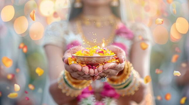 A bride in traditional Indian attire holds a bowl of yellow petals, surrounded by a shower of confetti.