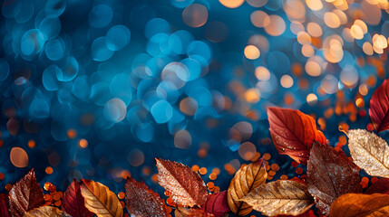 vibrant bokeh confetti floating on a sunny orange background, autumn leaf background abstract sparkl