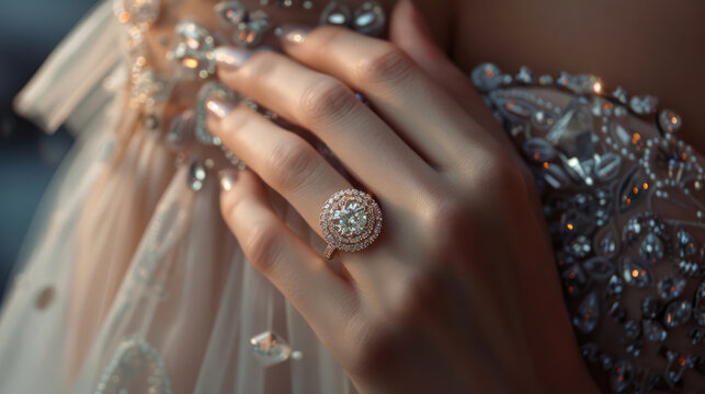 A diamond ring on the hand of a lady in an elegant evening dress