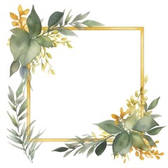Wall Mural - Watercolor foliage frame with green leaves and yellow buds on white background. Golden square picture frame decorated with green leaves. Natural botany concept for greeting card design. AIG35.