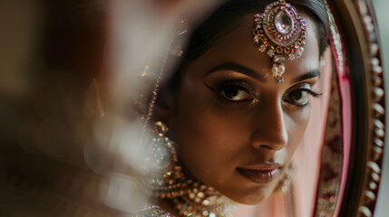 Wall Mural - A young female of Indian ethnicity is wearing traditional bridal costumes and jewellery. Indian wedding 
