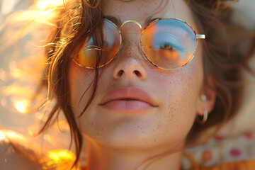 Canvas Print - Portrait of a happy young woman relaxing on a wooden deck chair at a tropical beach while looking at the camera wearing spectacles.