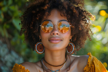 Canvas Print - Portrait of a happy young woman relaxing on a wooden deck chair at a tropical beach while looking at the camera wearing spectacles.