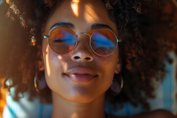 Poster - Portrait of a happy young woman relaxing on a wooden deck chair at a tropical beach while looking at the camera wearing spectacles.