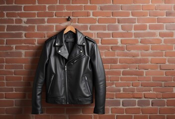 Wall Mural - A leather jacket hanging on a brick wall