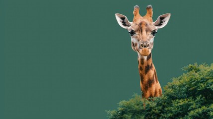 Wall Mural - Giraffe posing in front of trees with text space questioning gaze