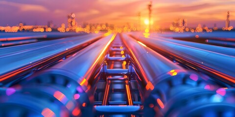 Wall Mural - Stock photo of pipe rack supporting pipelines at petroleum processing plant. Concept Petroleum Processing Plant, Industrial Pipes, Pipeline Infrastructure, Oil Industry, Energy Sector