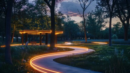 Wall Mural - A tranquil park at dusk, transformed by a winding path lined with soft neon lights, leading to a glowing pavilion that offers a quiet place to rest.