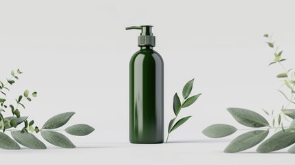 Poster - Blank green cosmetics bottle mockup with botanical element on white backdrop