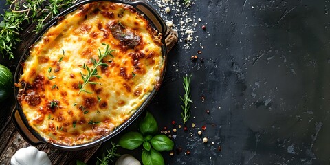 Wall Mural - Herb and Cheese Casserole Served on a Dining Table. Concept Vegetarian Main Dish, Cheesy Casserole Recipe, Dinner Party Entree, Comfort Food Recipe, Herb Infused Dish