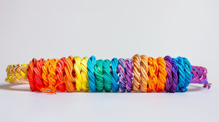 Colorful, handmade bracelets made of natural materials are lined up in a row. These woven friendship bracelets come in various rainbow colors.