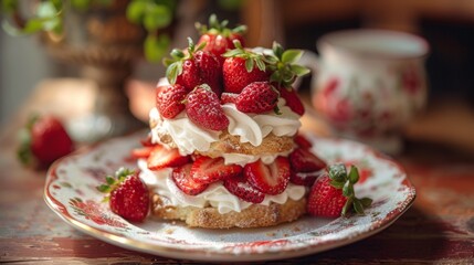 Sticker - food photography, enjoy a luscious strawberry shortcake served on a retro dish, ideal for satisfying your dessert cravings