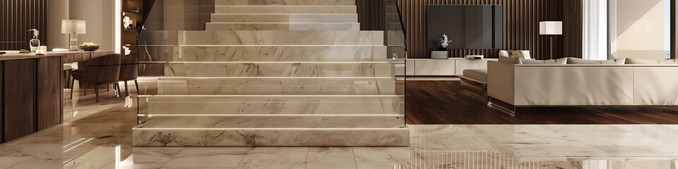 Wall Mural - An elegant two-floor open space apartment with beige marble stairs and a dark walnut floor. The space is filled with contemporary furniture and natural light.