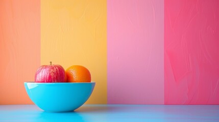 Wall Mural - A bowl of fruit, including an apple and an orange, sits on a blue table