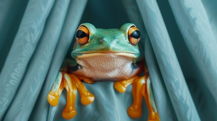 A frog is peeking out from behind a curtain