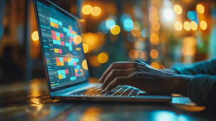 Wall Mural - close-up a business professional is seen utilizing a Kanban board on their laptop, focusing on agile project management and the efficient development of business processes.