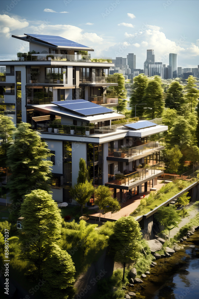 Residential buildings with lush green roofs and solar panels ... - Renewable Energy For Residential Buildings