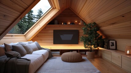 Wall Mural - Comfortable attic with sofa, TV, and cozy decor, warm atmosphere