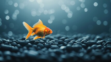 Goldfish in a tank of black fish, minimalistic background,