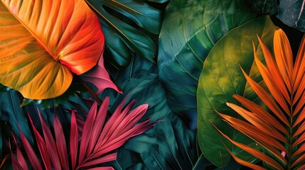 Wall Mural - Tropical Twist: Tropical leaf shapes in bold colors, evoking a sense of tropical paradise and adding a lively element to the background