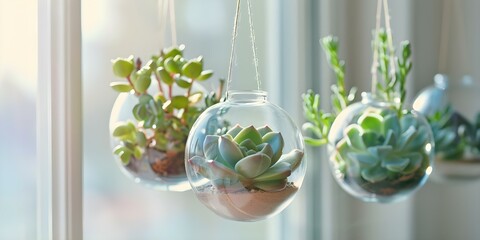 Wall Mural - Vibrant succulents in glass terrariums hanging in sunny window, casting shadows. Concept Succulents, Glass Terrariums, Hanging Plants, Sunny Window, Shadows