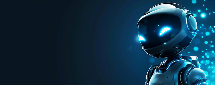 Futuristic robot with artificial Intelligence technology background banner with copy space area for text presenation.