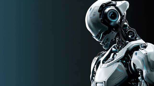 Futuristic robot with artificial Intelligence technology background banner with copy space area for text presenation.