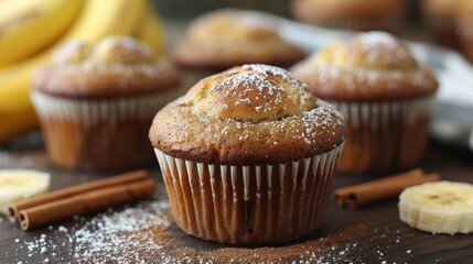 Wall Mural - baking recipes, enhance your day with banana bread muffins topped with cinnamon, convenient for school or work as a quick snack