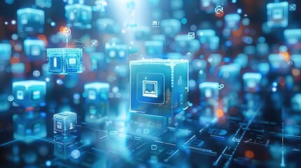 Poster - Blue and white background, light blue cubes with icons of different products floating in the air, digital technology style, 3D rendering. Generative AI.