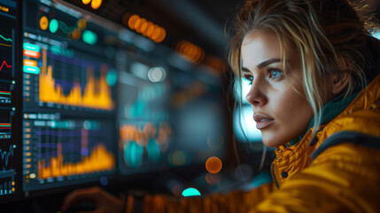 A woman with blonde hair gazes intently at a computer screen displaying data charts, her focus unwavering in a dimly lit room